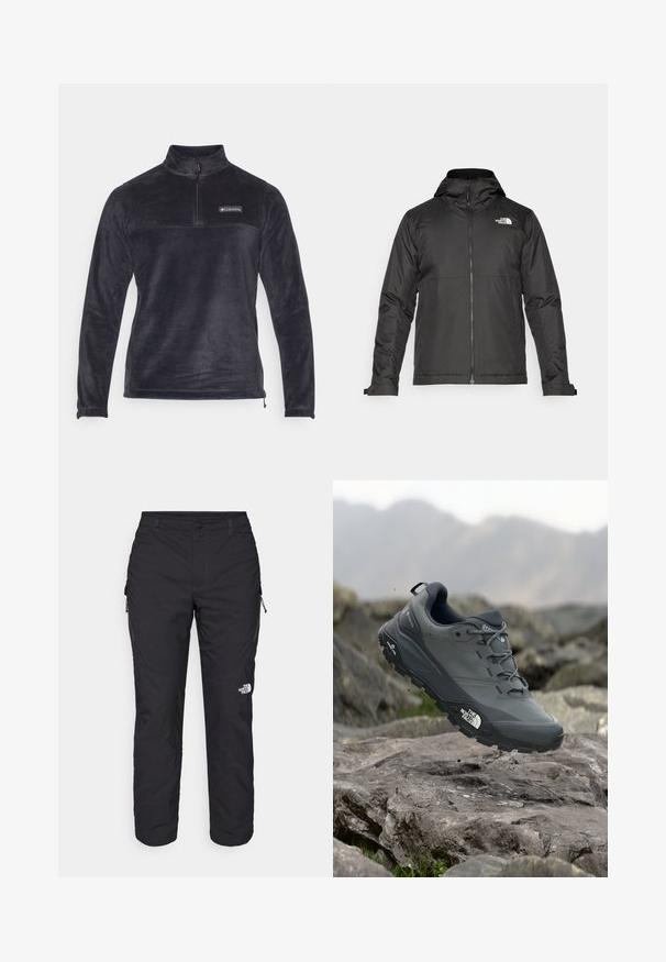 Svart zip-up jacka med huva, tillverkad av mjukt tyg. Funktionen inkluderar en logotyp på bröstet och justerbara ärmslut för en tät passform.; Svart fleece-pullover med halvdragkedja, långa ärmar och en logotyp på bröstet. Mjuk textur och sömlös design.; The North Face WINTER EXPLORATION TAPERED CARGO - Friluftsbyxor - black; Grå trail löparskor med en texturerad ovandel, hållbar gummisula och förstärkt tåparti. Har snören och logotyp på sidan.