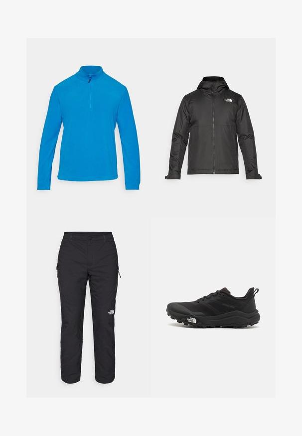 Giacca nera con zip e cappuccio, realizzata in tessuto liscio. Presenta un logo sul petto e polsini regolabili per una vestibilità aderente.; CMP MAN - Felpa in pile - zaffiro; The North Face WINTER EXPLORATION TAPERED CARGO - Pantaloni outdoor - black; Scarpa da trail running nera con tomaia texture, suola in gomma e punta rinforzata. Presenta un collare imbottito e un tassello per un indossamento facile.