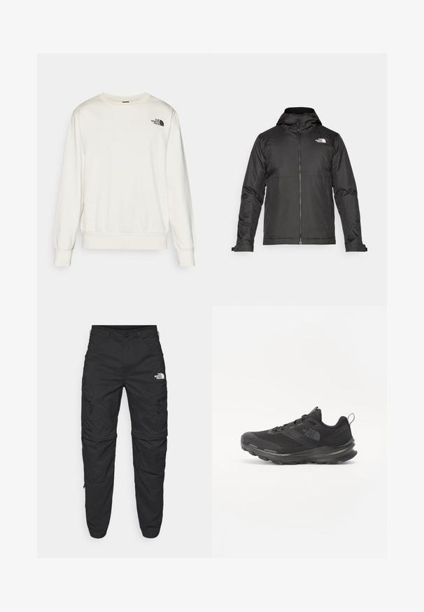 Schwarze Zip-Jacke mit Kapuze, aus glattem Stoff. Verfügt über ein Logo auf der Brust und verstellbare Bündchen für einen engen Sitz.; Weißes Sweatshirt aus weichem Stoff, mit Rundhalsausschnitt, langen Ärmeln, gerippten Bündchen und einem schwarzen Logo auf der linken Brust.; The North Face EXPLORATION TAPERED CONVERTIBLE - Outdoor-Hose - black; Schwarzer Sportschuh mit Mesh-Obermaterial, Gummisohle und gepolstertem Schaft. Verfügt über Schnürsenkel, Logo an der Seite und ein strukturiertes Design.