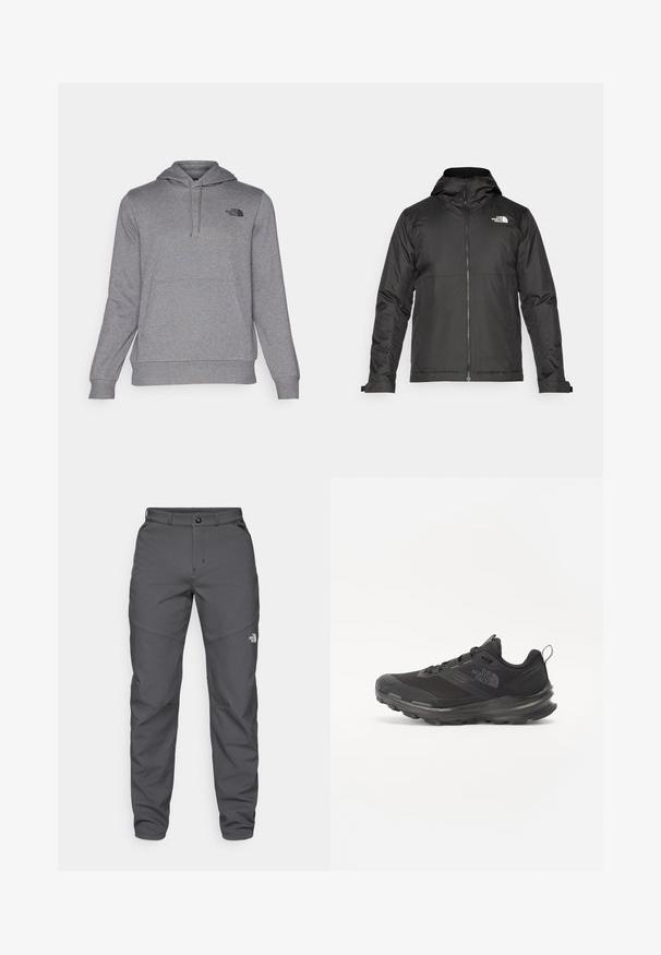 Črna zip-up jakna s kapuco, izdelana iz gladkega materiala. Ima logo na prsih in nastavljive manšete za udobno prileganje.; Sivý pulóver s kapucňou vyrobený z mäkkej tkaniny, s predným klokaním vreckom, stiahnuteľnou kapucňou a malým čiernym logom na ľavej hrudi.; Sive hlače za prosti čas iz trpežne tkanine, s pritrdilnim gumbom, zanko za pas in logotipom blizu spodnjega dela noge.; Črne športne čevlje z mrežastim zgornjim delom, gumijastim podplatom in oblazinjenim ovratnikom. Imajo vezalke, logo na strani in strukturiran dizajn.