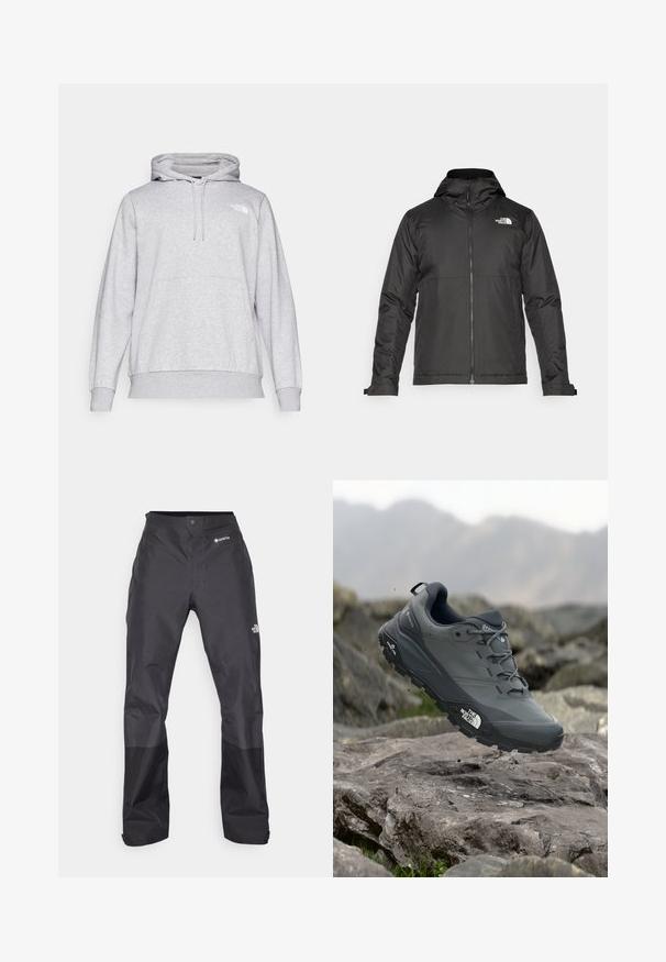 Jachetă neagră cu fermoar și glugă, realizată dintr-un material neted. Prezintă un logo pe piept și manșete ajustabile pentru o potrivire strânsă.; Hanorac gri deschis, fabricat dintr-un material moale, cu oțetă pentru mâini (pocket kangaroo), glugă cu șnur ajustabil și un logo mic pe piept.; Pantaloni negri impermeabili cu o textură netedă, având un logo GORE-TEX pe față și picioare inferioare întărite pentru durabilitate.; Pantof de alergare pe trasee gri, cu o partieră texturată, talpă din cauciuc durabil și vârf întărit. Dispune de șireturi și logo-ul brandului pe lateral.