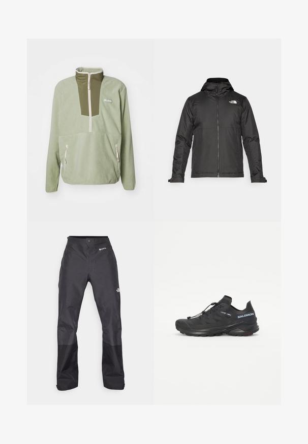 Musthave musta kapuutsiga fliisjakk, mis on valmistatud siledast kangast. Uhkeldab rindkere kohal oleva logoga ning reguleeritavate mansettidega, et tagada mugav ja tihe istuvus.; Heleda pullover heles rohelises värvitoonis, millel on tõmblukuga kaelus ja oliivroheline rinnapaneel. Omab kahte tõmbluku jaotusega küljetaskut ja valgeid tikandeid.; Mustad vettpidavad püksid, millel on sile tekstuur, ees GORE-TEX logo ja tugevdatud alumised jalad vastupidavuse tagamiseks.; Must Black trail running shoe, mille tekstuuriga ülemine osa, elastsed paelad ja Contagrip väliskülg. Omab tihedat istumist ja kaitsvat varbakatet.