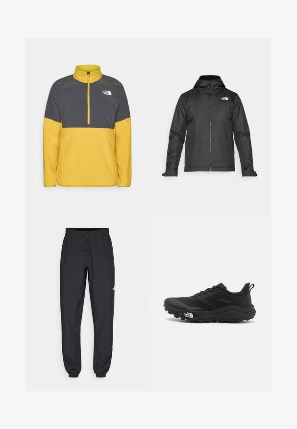 Giacca nera con zip e cappuccio, realizzata in tessuto liscio. Presenta un logo sul petto e polsini regolabili per una vestibilità aderente.; Pullover in pile grigio e giallo, con colletto alto, chiusura a mezza zip e logo sul petto. Texture morbida con motivo a griglia.; Pantaloni sportivi neri realizzati in tessuto leggero, con vita regolabile con cordino, tasche laterali e orli affusolati alle caviglie.; Scarpa da trail running nera con tomaia texture, suola in gomma e punta rinforzata. Presenta un collare imbottito e un tassello per un indossamento facile.