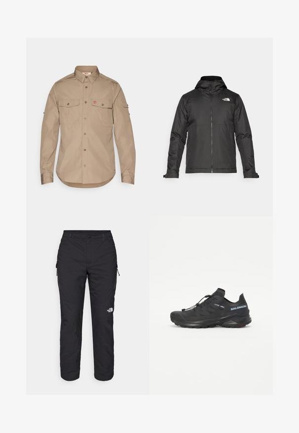 Fekete zipzáras dzseki, kapucnival, sima anyagból készült. A mellkasán logóval és állítható mandzsettákkal rendelkezik a kényelmes illeszkedés érdekében.; Világos bézs színű, hosszú ujjú ing, két mellzsebbel, gombzáródással, lekerekített aljjal, és piros logóval a bal zseb területén.; The North Face WINTER EXPLORATION TAPERED CARGO - Szabadtéri nadrágok - black; Fekete terepfutó cipő textúrált felsőrésszel, rugalmas fűzőkkel és Contagrip talppal. Kiemelkedő illeszkedés és védő orrborítás jellemzi.