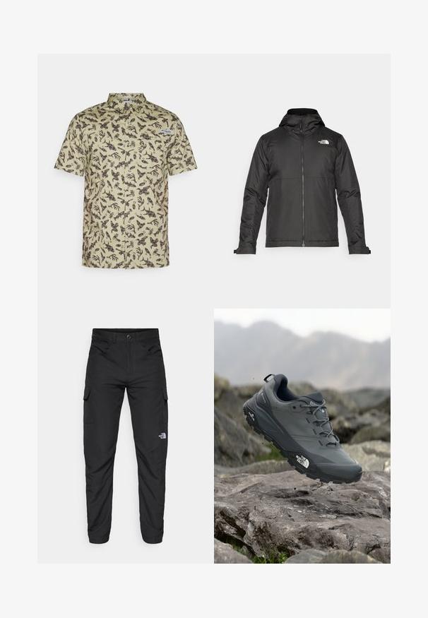 Černá zipová bunda s kapucí, vyrobená z hladké tkaniny. Obsahuje logo na hrudi a nastavitelné manžety pro pohodlné nošení.; Košile s krátkým rukávem v světle zelené bavlně s tmavě hnědým abstraktním vzorem, s náprsní kapsou a límcem.; The North Face HORIZON PANT - Outdoorové kalhoty - black; Šedá trailová běžecká bota s texturovaným svrškem, odolnou gumovou podrážkou a vyztuženou špičkou. Obsahuje tkaničky a logo značky na straně.