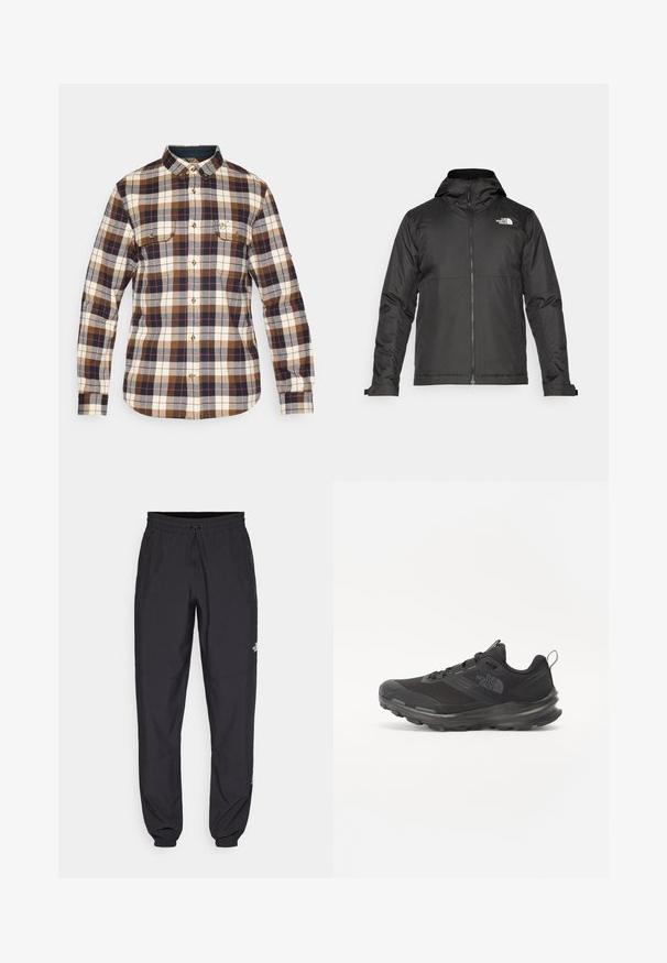 Juoda zip-up striukė su kapišonu, pagaminta iš lygios medžiagos. Yra logotipas ant krūtinės ir reguliuojamos rankogaliai, užtikrinantys tvirtą prigludimą.; Plaid flanelinė marškininė su ruda, grietinėle ir tamsiai mėlynomis dėmėmis, mygtukų apykakle, dviem krūtinės kišenėmis ir mygtukų uždarymu su auksiniais akcentais.; Juodos sportinės kelnės, pagamintos iš lengvos medžiagos, su raišteliu liemens srityje, šoniniais kišenėmis ir siaurėjantys apykaklės prie kulkšnies.; Juodos sportinės bateliai su tinklelio viršumi, guminiais padu ir paminkštintu apykakle. Yra raišteliai, logotipas šone ir tekstūruotas dizainas.