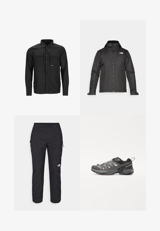 Schwarze Zip-Jacke mit Kapuze, aus glattem Stoff. Verfügt über ein Logo auf der Brust und verstellbare Bündchen für einen engen Sitz.; Schwarzes Langarmshirt aus leichtem Stoff, mit zwei Brusttaschen, Knopfverschluss und einer strukturierten Oberfläche.; The North Face WINTER EXPLORATION TAPERED CARGO - Outdoor-Hose - black; Sportliche Schuhe mit einem schlanken Design, grauem synthetischem Obermaterial mit Netzpaneelen, schwarzen Akzenten und einer Gummisohle mit ausgeprägtem Profil.