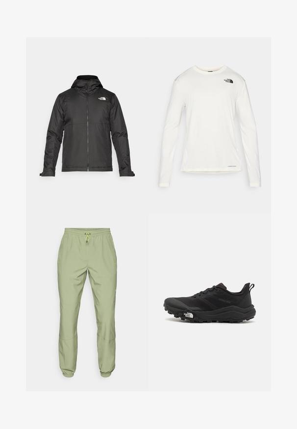 Juoda zip-up striukė su kapišonu, pagaminta iš lygios medžiagos. Yra logotipas ant krūtinės ir reguliuojamos rankogaliai, užtikrinantys tvirtą prigludimą.; Balta ilga rankove marškiniai su apvalia iškirpte, tekstūruota medžiaga, juodas logotipas kairėje petyje ir subtilus prekės ženklas apačioje.; Šviesiai žali sportiniai kelnes su elastinga liemene, užtrauktuko uždarymu ir kulkšnų manžetais; turi dvi šonines kišenes ir lygią tekstūrą.; Juoda bėgimo batai su tekstūruotu paviršiumi, guma padais ir sustiprinta pirštų dalimi. Yra paminkštinta apykaklė ir kilpos, leidžiančios lengvai užsidėti.