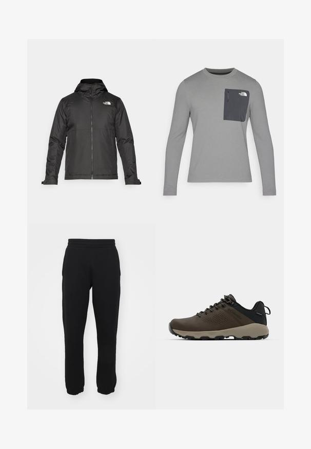 Black zip-up jacket with a hood, made of smooth fabric. Features a logo on the chest and adjustable cuffs for a snug fit.; Long-sleeve gray shirt with textured fabric, featuring a dark gray chest pocket and a zip closure. Logo on pocket in white.; Black sweatpants made of cotton blend, featuring an elastic waistband, tapered legs, and ribbed cuffs at the ankles. Simple design, no patterns.; Brown waterproof sneakers with a textured upper, perforated accents, black heel support, and a grey rubber sole. Laces are styled with metallic ends.