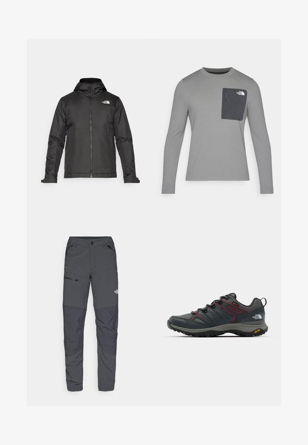 Svart zip-up jakke med hette, laget av glatt materiale. Har et logo på brystet og justerbare mansjetter for en tett passform.; Langermet grå skjorte med strukturert stoff, med en mørk grå brystlomme og glidelås. Logo på lommen i hvitt.; Grå utendørsbukser med en glatt tekstur, som har en glidelåslomme på siden, forsterkede knepartier og en subtil logo-detalj.; Grå turse sko med røde detaljer, mesh og syntetisk overdel, snøringssystem og Vibram såle for godt grep. Har Gore-Tex for vannmotstand.