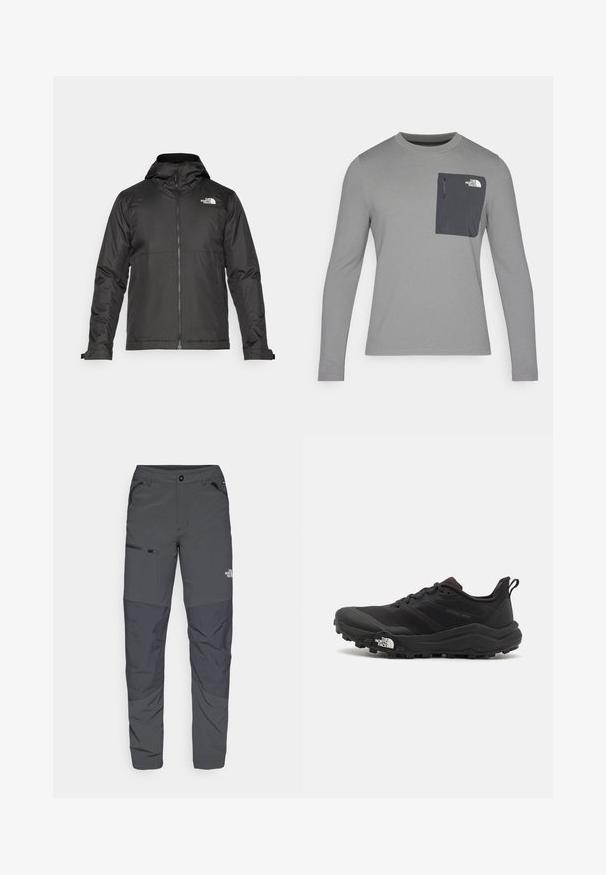Musta vetoketjullinen takki, jossa on huppu ja joka on valmistettu sileästä kankaasta. Takissa on logo rinnassa ja säädettävät hihansuut tiiviin istuvuuden saavuttamiseksi.; Harmaa pitkähihaisuus paita, jossa on teksturoitu kangas, tummanharmaalla rintataskulla ja vetoketjukiinnityksellä. Taskussa valkoinen logo.; Harmaat ulkoiluhousut, joissa on sileä pinta, sivussa vetoketjullinen tasku, vahvistetut polviosiot ja huomaamaton logo-ominaisuus.; Musta maastojuoksukengät, joissa on teksturoitu päällinen, kumipohja ja vahvistettu varvastoppia. Varusteena pehmustettu nilkkakappale ja vetotappi helppoa pukemista varten.