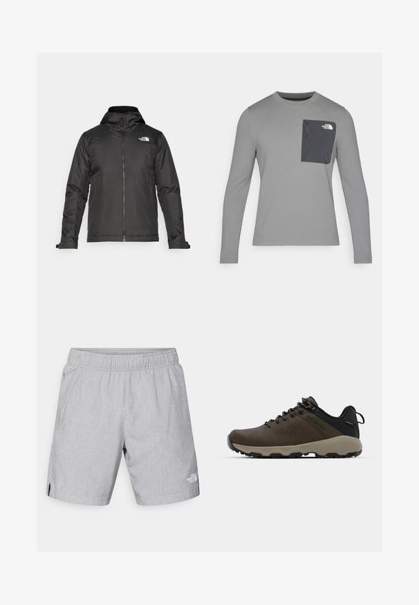 Melna zip-up jakas ar kapuci, izgatavota no gludas auduma. Tajā ir logo uz krūtīm un regulējami aproces, lai nodrošinātu ciešu piegulšanu.; Garais krekls ar garām piedurknēm un teksturētu audumu, ar tumši pelēku krūšu kabatu un rāvējslēdzēju. Uz kabatas ir balts logo.; Gai pelēki šorti, izgatavoti no teksturēta auduma, ar elastīgu jostu, sānu kabatām un logotipu apakšējā labajā kājā.; Brūni ūdensnecaurlaidīgi sporta apavi ar teksturētu virsu, perforētiem akcentiem, melnu papēža atbalstu un pelēku gumijas zoli. Šņores veidotas ar metāliskiem galiem.