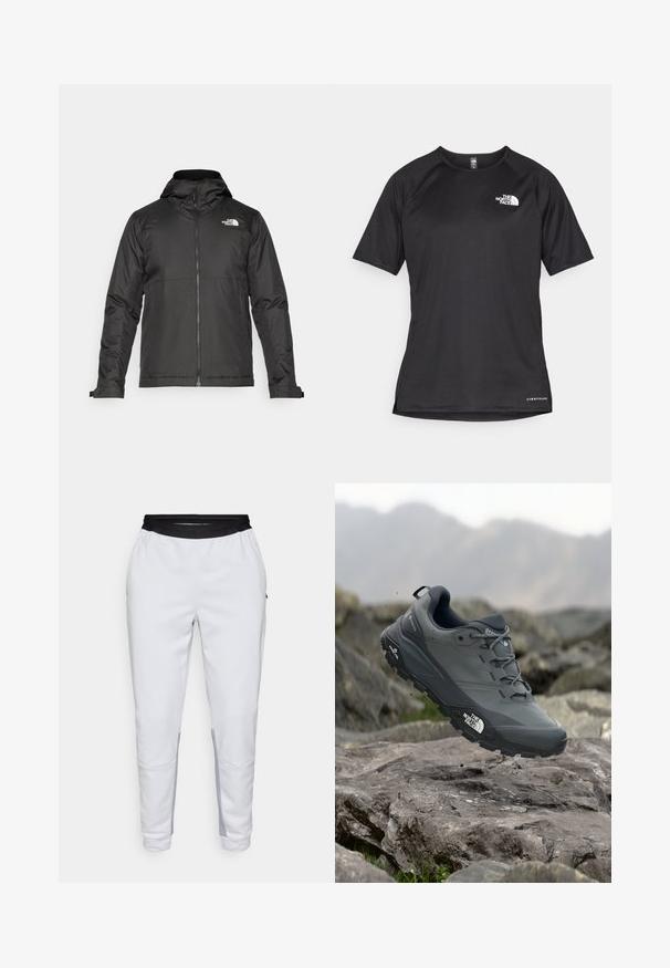 Juoda zip-up striukė su kapišonu, pagaminta iš lygios medžiagos. Yra logotipas ant krūtinės ir reguliuojamos rankogaliai, užtikrinantys tvirtą prigludimą.; Juoda trumpa rankovė atletinė marškinė, pagaminta iš tekstūruotos medžiagos, su baltu logotipu kairėje krūtinės pusėje ir tiesiu apdailos kraštu.; Balti sportiniai kelnių su juodu elastingu liemeniu. Yra šoninės kišenės ir pilkos detalės apatinių kojų srityje. Lygus paviršius.; Pilkas bėgimo batelis su tekstūruota viršutine dalimi, tvirtu guminio pado ir sustiprinta nosimi. Turi raištelius ir prekės ženklo logotipą šone.