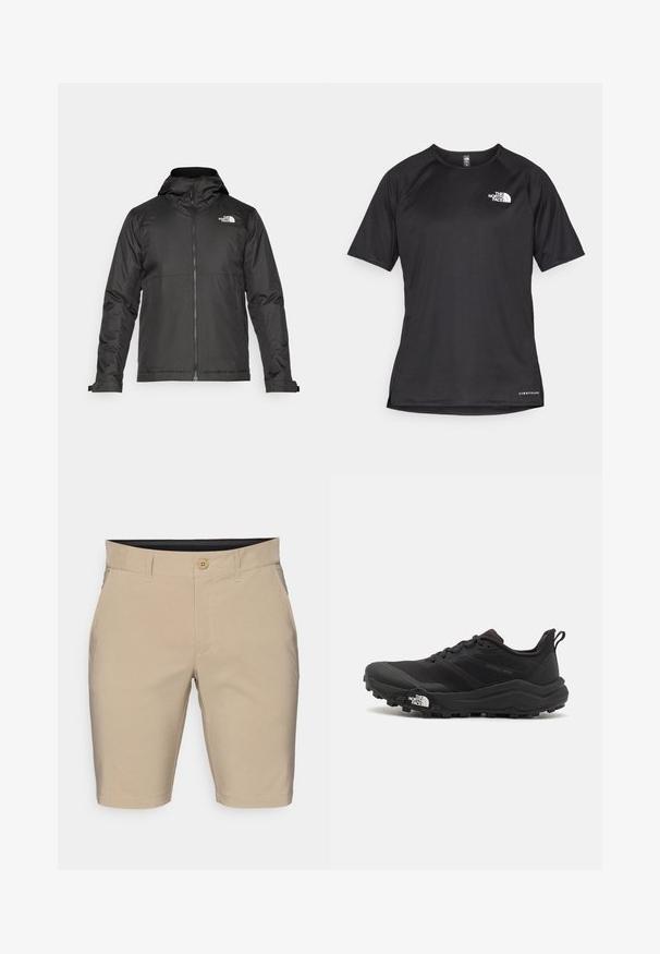 Chaqueta negra con cremallera y capucha, hecha de un tejido suave. Cuenta con un logo en el pecho y puños ajustables para un ajuste ceñido.; Camiseta atlética corta negra de manga corta con una tela texturizada, que presenta un logo blanco en el lado izquierdo del pecho y un dobladillo recto.; Pantalones cortos beige de tela de mezcla de algodón. Presenta un cierre de botón, presillas para cinturón y dobladillos rectos. Sin patrones ni acentos visibles.; Zapatilla de trail running negra con upper texturizado, suela de goma y puntera reforzada. Presenta un collar acolchado y una lengüeta para poner y quitar fácilmente.