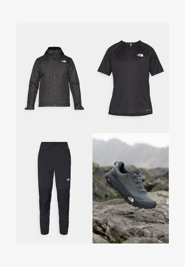 Svart zip-up jacka med huva, tillverkad av mjukt tyg. Funktionen inkluderar en logotyp på bröstet och justerbara ärmslut för en tät passform.; Svart kortärmad träningsskjorta i strukturerad tyg, med en vit logotyp på vänster bröst och rak fåll.; Svarta utomhusbyxor med tapered fit, tillverkade av hållbart material. Har fickor med dragkedja och subtil logotyp på framsidan av benet.; Grå trail löparskor med en texturerad ovandel, hållbar gummisula och förstärkt tåparti. Har snören och logotyp på sidan.