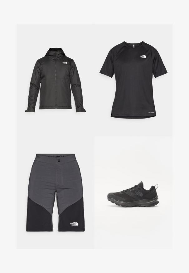 Svart zip-up jacka med huva, tillverkad av mjukt tyg. Funktionen inkluderar en logotyp på bröstet och justerbara ärmslut för en tät passform.; Svart kortärmad träningsskjorta i strukturerad tyg, med en vit logotyp på vänster bröst och rak fåll.; Grå och svarta shorts med paneldesign, framknäppning och The North Face-logotyp. Tillverkade av ett lätt och hållbart material.; Svart idrottssko med mesh-överdel, gummiyttersula och vadderad krage. Utrustad med snören, logotyp på sidan och en strukturerad design.