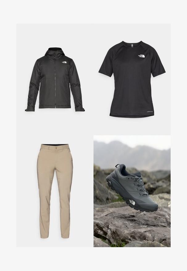 Zwarte zip-up jas met een capuchon, gemaakt van gladde stof. Heeft een logo op de borst en verstelbare manchetten voor een comfortabele pasvorm.; Zwarte sportshirt met korte mouwen van textuurstof, met een wit logo op de linkerborst en een rechte zoom.; Beige broek van een soepel stof met een slim fit, met een enkele knoopsluiting en zijzakken, eindigend bij de enkel.; Grijze trailrun-schoen met een gestructureerde bovenkant, duurzame rubbersole en versterkte neuskap. Voorzien van veters en een merkimprint aan de zijkant.