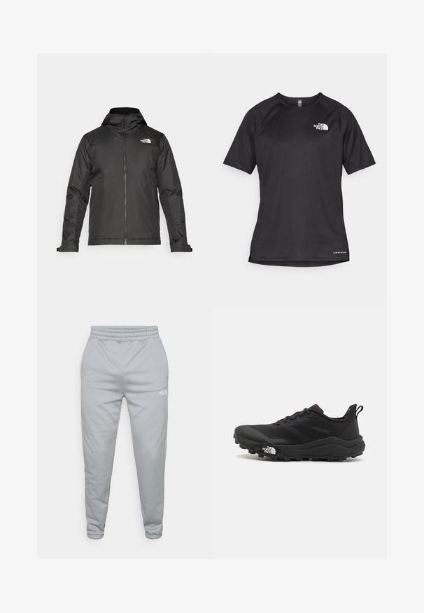 Crna majica sa zatvaračem i kapuljačom, izrađena od glatke tkanine. Ima logo na prsima i podesive manžete za udobno pristajanje.; Crna kratkotrajna atletska majica s teksturiranom tkaninom, koja ima bijeli logo na lijevom prsnom dijelu i ravni rub.; Svijetlosivi trenirka s elastičnim strukom i suženim gležnjevima. Ima mali bijeli logo sa strane. Tekstura materijala.; Crne trail trkačke cipele s teksturiranim gornjim dijelom, gumeni potplat i ojačana zaštita za prste. Imaju podstavljen ovratnik i trakicu za lakše obuvanje.