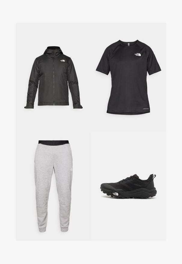 Fekete zipzáras dzseki, kapucnival, sima anyagból készült. A mellkasán logóval és állítható mandzsettákkal rendelkezik a kényelmes illeszkedés érdekében.; Fekete, rövid ujjú sportpóló struktúrált anyagból, bal mellen fehér logóval és egyenes aljjal.; The North Face PANT - Tréningruha alsók - pale grey heather/meld grey; Fekete terepfutó cipő, textúrált felső résszel, gumitalppal és megerősített lábujjrészével. Párnázott bokarésszel és húzófüllel rendelkezik a könnyű felhúzáshoz.