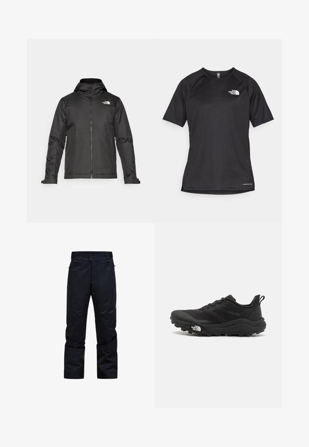 Fekete zipzáras dzseki, kapucnival, sima anyagból készült. A mellkasán logóval és állítható mandzsettákkal rendelkezik a kényelmes illeszkedés érdekében.; Fekete, rövid ujjú sportpóló struktúrált anyagból, bal mellen fehér logóval és egyenes aljjal.; Fekete vízálló nadrág egyenes szabással, két gombos záródással, cipzáras zsebekkel és állítható derékkal. Jellemzője a sima, tartós anyag.; Fekete terepfutó cipő, textúrált felső résszel, gumitalppal és megerősített lábujjrészével. Párnázott bokarésszel és húzófüllel rendelkezik a könnyű felhúzáshoz.