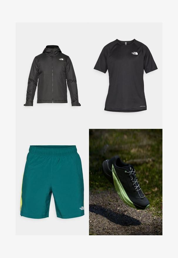 Black zip-up jacket with a hood, made of smooth fabric. Features a logo on the chest and adjustable cuffs for a snug fit.; Black short-sleeve athletic shirt with a textured fabric, featuring a white logo on the left chest and a straight hem.; Teal shorts featuring an elastic waistband, side yellow accents, and a small white logo on the lower right leg, made from lightweight fabric.; Black running shoe with a textured surface and green accents. Features a lightweight design and a unique, patterned sole for traction.