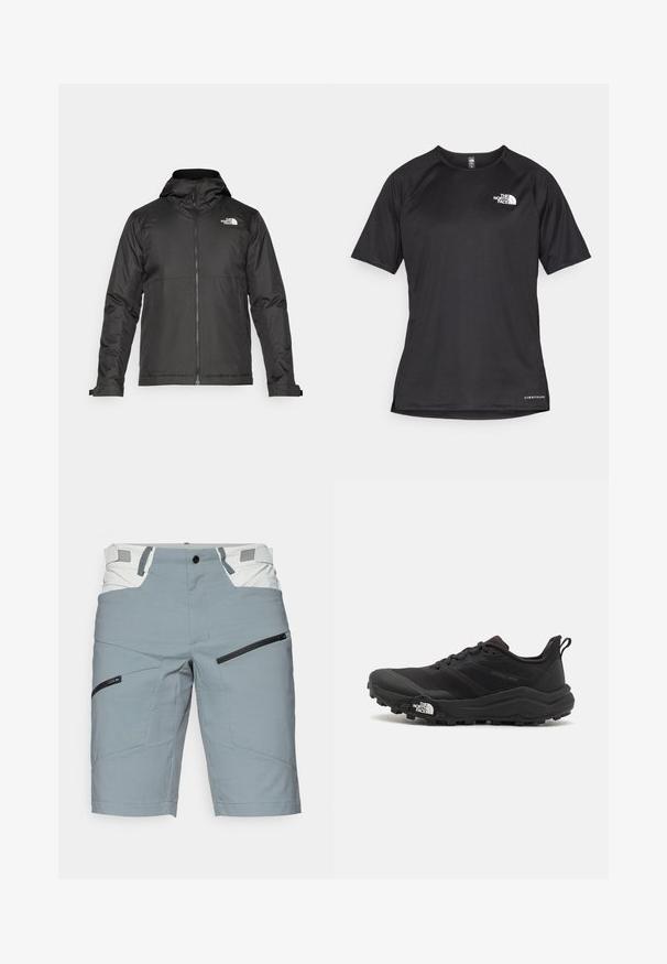 Black zip-up jacket with a hood, made of smooth fabric. Features a logo on the chest and adjustable cuffs for a snug fit.; Black short-sleeve athletic shirt with a textured fabric, featuring a white logo on the left chest and a straight hem.; Light gray shorts made of lightweight material, featuring slanted pockets, black zippers, and a contrasting white waistband with accents.; Black trail running shoe with a textured upper, rubber sole, and reinforced toe cap. Features a padded collar and pull tab for easy wear.