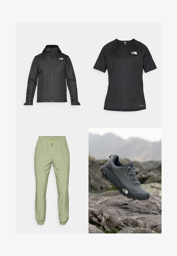 Melna zip-up jakas ar kapuci, izgatavota no gludas auduma. Tajā ir logo uz krūtīm un regulējami aproces, lai nodrošinātu ciešu piegulšanu.; Melna sporta krekla īsām piedurknēm ar strukturētu audumu, kas ir ar baltu logotipu kreisajā krūtīs un taisnu apakšmalu.; Gaiši zaļas sporta bikses ar elastīgu jostu, aukliņu aizdari un potīšu aproces; satur divas sānu kabatas un gludu tekstūru.; Pelēki skrējēju apavi ar teksturētu virsu, izturīgu gumijas zoli un pastiprinātu pirkstu daļu. Iekļauj šņores un zīmola logo sānos.