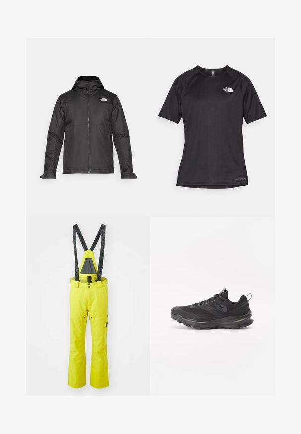 Crna majica sa zatvaračem i kapuljačom, izrađena od glatke tkanine. Ima logo na prsima i podesive manžete za udobno pristajanje.; Crna kratkotrajna atletska majica s teksturiranom tkaninom, koja ima bijeli logo na lijevom prsnom dijelu i ravni rub.; Spyder DARE PANTS - Skijaške hlače - acid yellow; Crne sportske tenisice s mrežastim gornjim dijelom, gumiranom potplatom i podstavljenim rubom. Imaju vezice, logo sa strane i teksturirani dizajn.