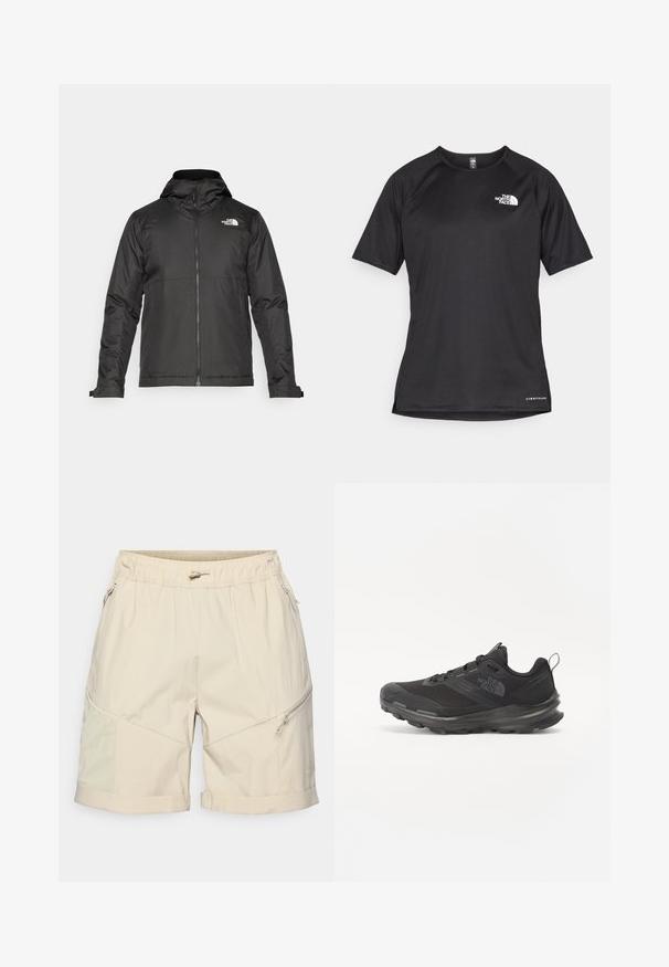 Fekete zipzáras dzseki, kapucnival, sima anyagból készült. A mellkasán logóval és állítható mandzsettákkal rendelkezik a kényelmes illeszkedés érdekében.; Fekete, rövid ujjú sportpóló struktúrált anyagból, bal mellen fehér logóval és egyenes aljjal.; Világos bézs rövidnadrág, könnyű anyagból készült, rugalmas derékkal, cipzáros zsebekkel és hajtott szegéllyel, amely kontrasztos textúrájú panelekkel van díszítve.; Fekete sportcipő hálós felsőrésszel, gumitalppal és párnázott gallérral. Fűzős, oldalán logóval és textúrázott dizájnnal rendelkezik.