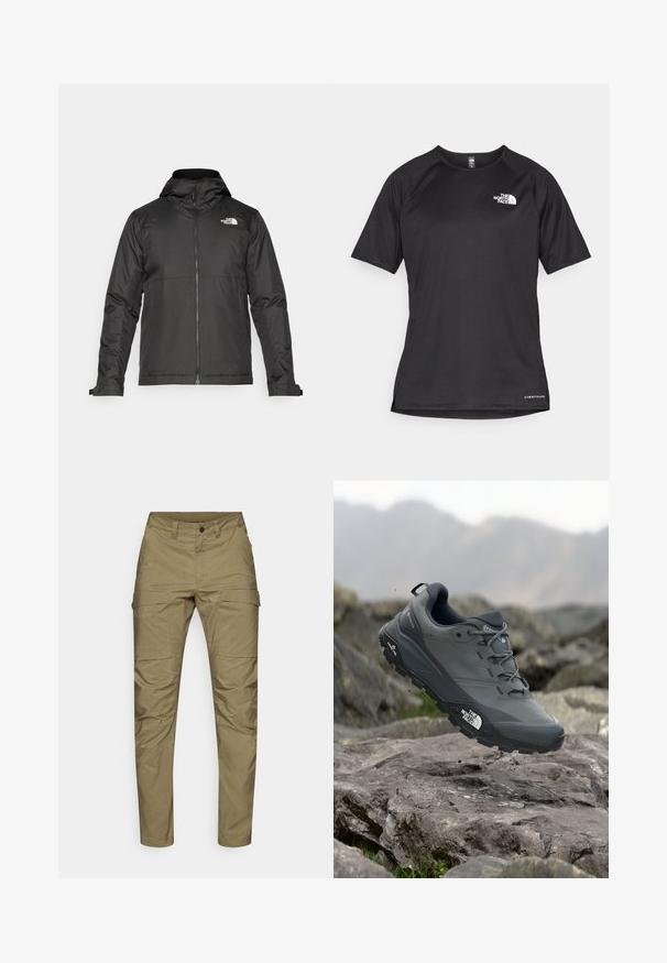 Casaco preto com fecho éclair e capuz, feito de tecido suave. Apresenta um logotipo no peito e punhos ajustáveis para um encaixe perfeito.; Camisa atlética preta de manga curta com um tecido texturizado, apresentando um logotipo branco no peito esquerdo e uma bainha reta.; Calças cargo em caqui feitas de um tecido durável, apresentando um design de perna reta, múltiplos bolsos frontais e um fecho de correr com fecho de botão.; Sapatilha de corrida em trilhos cinza com um cabedal texturizado, sola de borracha durável e ponteira reforçada. Apresenta atacadores e o logótipo da marca de lado.