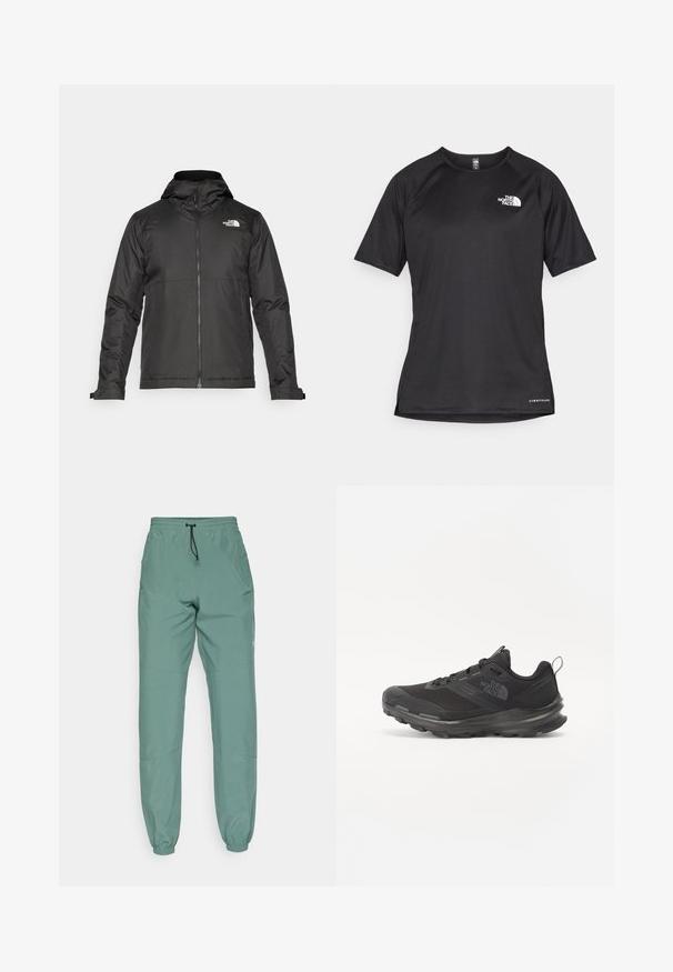 Juoda zip-up striukė su kapišonu, pagaminta iš lygios medžiagos. Yra logotipas ant krūtinės ir reguliuojamos rankogaliai, užtikrinantys tvirtą prigludimą.; Juoda trumpa rankovė atletinė marškinė, pagaminta iš tekstūruotos medžiagos, su baltu logotipu kairėje krūtinės pusėje ir tiesiu apdailos kraštu.; Šviesiai žali sportiniai džinsai su elastinga juosta ir raišteliu, turintys aptemptus rankogalius ir šonines kišenes. Lygus audinio paviršius.; Juodos sportinės bateliai su tinklelio viršumi, guminiais padu ir paminkštintu apykakle. Yra raišteliai, logotipas šone ir tekstūruotas dizainas.