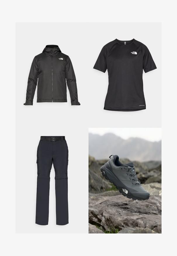 Musthave musta kapuutsiga fliisjakk, mis on valmistatud siledast kangast. Uhkeldab rindkere kohal oleva logoga ning reguleeritavate mansettidega, et tagada mugav ja tihe istuvus.; Must mustreening, lühikeste varrukatega sportpoliis, millel on tekstuuriga kangas, valge logo vasakul rinnal ja sirge äär.; Tumedast riidest õhkpüksid, millel on vöö, külgedel taskud, sirged jalad ja sile tekstuur.; Hallhalli jooksukingad halli värvi, tekstureeritud ülemise osaga, vastupidava kummist tallaga ja tugevdatud varvaste kattega. Omab paelu ja kaubamärgi logo küljel.