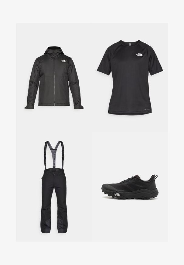 Black zip-up jacket with a hood, made of smooth fabric. Features a logo on the chest and adjustable cuffs for a snug fit.; Black short-sleeve athletic shirt with a textured fabric, featuring a white logo on the left chest and a straight hem.; Black ski pants with adjustable black suspenders featuring white "FIRE + ICE" branding, side zip pockets, and reinforced lower legs.; Black trail running shoe with a textured upper, rubber sole, and reinforced toe cap. Features a padded collar and pull tab for easy wear.