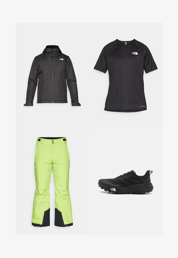 Musthave musta kapuutsiga fliisjakk, mis on valmistatud siledast kangast. Uhkeldab rindkere kohal oleva logoga ning reguleeritavate mansettidega, et tagada mugav ja tihe istuvus.; Must mustreening, lühikeste varrukatega sportpoliis, millel on tekstuuriga kangas, valge logo vasakul rinnal ja sirge äär.; Kirkas laime roheline suusapüksid sileda tekstuuriga, mustade акtsentidega sääremikes ja nööbiga kinnitamine vööl.; Must tume jooksujalats musta värvi, tekstuurse ülemise osaga, kummist tallaga ja tugevdatud varbaga. Omab pehmendusega krae ja tõmblinti mugavaks selga panemiseks.