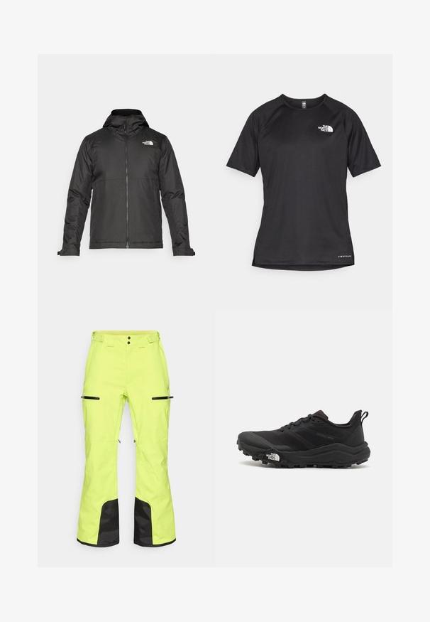 Zwarte zip-up jas met een capuchon, gemaakt van gladde stof. Heeft een logo op de borst en verstelbare manchetten voor een comfortabele pasvorm.; Zwarte sportshirt met korte mouwen van textuurstof, met een wit logo op de linkerborst en een rechte zoom.; Felgekleurde gele skibroek met zwarte accenten, ritszakken en een verstelbare taille, gemaakt van een duurzaam, weerbestendig materiaal.; Zwarte trailrunning schoen met een gestructureerde bovenkant, rubberen zool en versterkte neus. Voorzien van een gevoerde kraag en een trekhaak voor eenvoudig aan- en uittrekken.