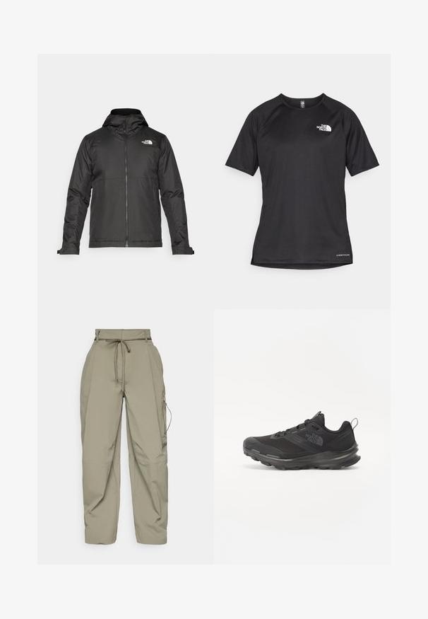 Casaco preto com fecho éclair e capuz, feito de tecido suave. Apresenta um logotipo no peito e punhos ajustáveis para um encaixe perfeito.; Camisa atlética preta de manga curta com um tecido texturizado, apresentando um logotipo branco no peito esquerdo e uma bainha reta.; Calças cargo verde-oliva claras com cintura ajustável, corte largo e bolsos laterais com fecho. Feitas de um material leve e texturizado.; Sapatilha atlética preta com parte superior em malha, sola de borracha e colarinho almofadado. Apresenta atacadores, logótipo de lado e um design texturizado.