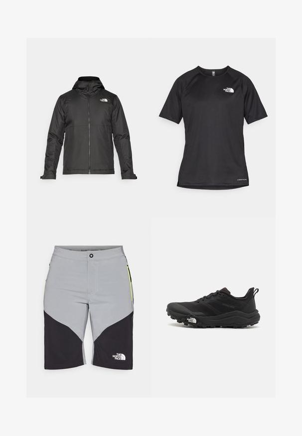 Melna zip-up jakas ar kapuci, izgatavota no gludas auduma. Tajā ir logo uz krūtīm un regulējami aproces, lai nodrošinātu ciešu piegulšanu.; Melna sporta krekla īsām piedurknēm ar strukturētu audumu, kas ir ar baltu logotipu kreisajā krūtīs un taisnu apakšmalu.; Vīriešu šorti pelēkā krāsā ar melniem akcentiem, ar izliekto dizainu, ar rāvējslēdzēja sānu kabatām un The North Face logotipu zemākajā kājā.; Melnas taku skriešanas kurpes ar teksturētu virsu, gumijas zoli un pastiprinātu pirkstu daļu. Aprīkotas ar mīkstu apkakli un vilkšanas cilpu, lai viegli uzvilktu.