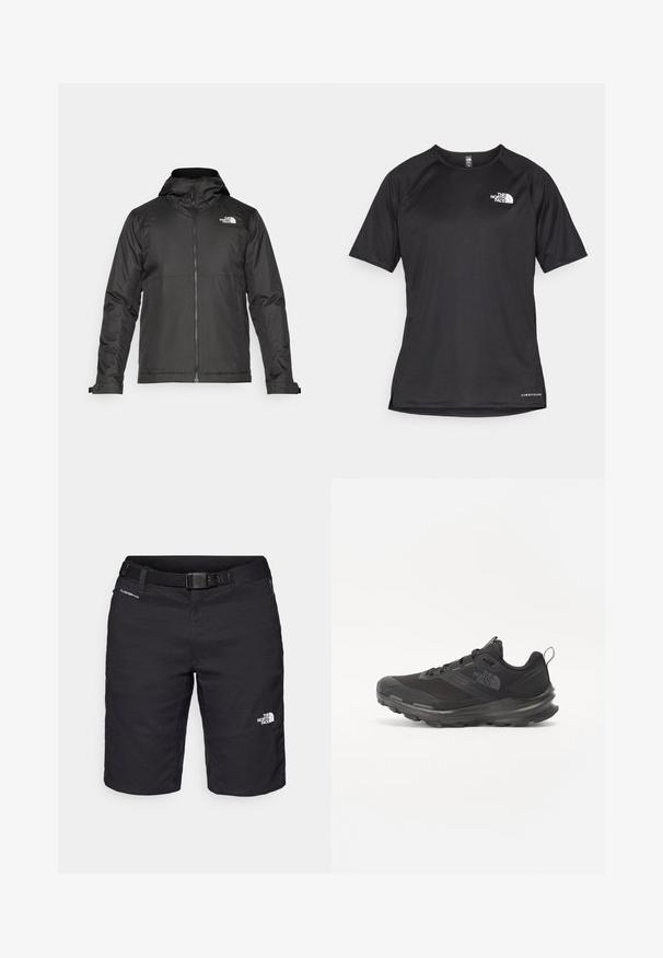 Czarna kurtka zapinana na zamek z kapturem, wykonana z gładkiego materiału. Posiada logo na piersi oraz regulowane mankiety zapewniające dopasowanie.; Czarna, krótkosleeve'owa koszulka sportowa z teksturowanej tkaniny, z białym logo na lewej piersi i prostym dołem.; Czarne szorty hikingowe wykonane z lekkiego materiału, z paskiem, detalami w postaci szwów oraz logo na prawej nodze.; Czarne buty sportowe z siateczkowym wierzchem, gumową podeszwą i wyściełanym kołnierzem. Posiadają sznurówki, logo z boku oraz teksturowany wzór.