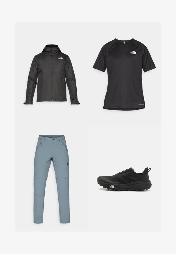 Črna zip-up jakna s kapuco, izdelana iz gladkega materiala. Ima logo na prsih in nastavljive manšete za udobno prileganje.; Črna kratko rokavna športna majica iz teksturirane tkanine, z belim logotipom na levem prsnem delu in ravnim robom.; Mammut RUNBOLD ZIP OFF PANTS MEN - Hlače za na prostem - strata; Črne tekaške čevlje za trail s teksturirano zgornjega dela, gumijastim podplatom in ojačanim zaključkom prstov. Vključuje oblazinjen ovratnik in zanko za enostavno obuvanje.