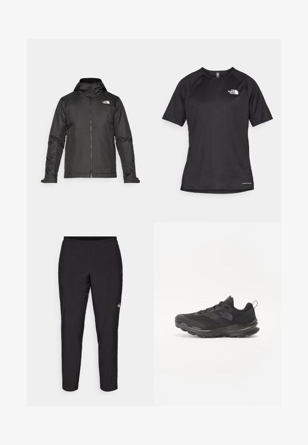 Melna zip-up jakas ar kapuci, izgatavota no gludas auduma. Tajā ir logo uz krūtīm un regulējami aproces, lai nodrošinātu ciešu piegulšanu.; Melna sporta krekla īsām piedurknēm ar strukturētu audumu, kas ir ar baltu logotipu kreisajā krūtīs un taisnu apakšmalu.; Melnas sporta bikses ar elastīgu jostasvietu, sašaurinātu formu, gludu tekstūru un mazu baltu logotipu zem kājas.; Melnas sporta kurpes ar sietu virsu, gumijas zoli un mīkstinātu apkakli. Satur šņores, logotipu sānos un strukturētu dizainu.