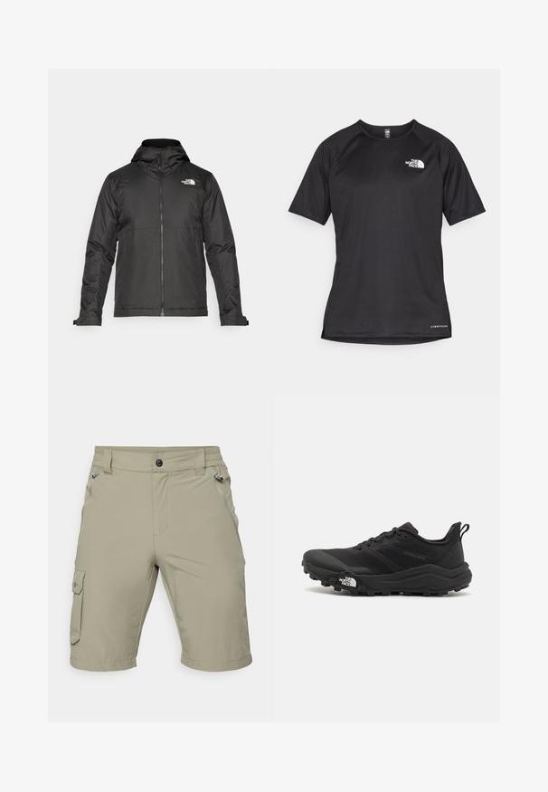 Czarna kurtka zapinana na zamek z kapturem, wykonana z gładkiego materiału. Posiada logo na piersi oraz regulowane mankiety zapewniające dopasowanie.; Czarna, krótkosleeve'owa koszulka sportowa z teksturowanej tkaniny, z białym logo na lewej piersi i prostym dołem.; Beżowe szorty cargo wykonane z lekkiego materiału. Posiadają dwie przednie kieszenie, jedną boczną kieszeń cargo oraz płaski pas z zapięciem na guzik.; Czarne buty do biegania w terenie z teksturowaną cholewką, gumową podeszwą i wzmocnionym noskiem. Posiadają wyściełany kołnierz oraz uchwyt do łatwego zakładania.