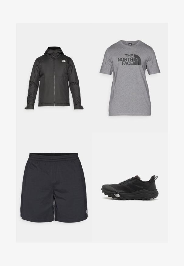 Chaqueta negra con cremallera y capucha, hecha de un tejido suave. Cuenta con un logo en el pecho y puños ajustables para un ajuste ceñido.; Camiseta de manga corta gris hecha de una mezcla de algodón, con un estampado gráfico negro de "THE NORTH FACE" y un detalle de logo curvado en la parte frontal.; Pantalones cortos negros de tela ligera, con cinturilla elástica, corte relajado y un pequeño acento de logo en el dobladillo.; Zapatilla de trail running negra con upper texturizado, suela de goma y puntera reforzada. Presenta un collar acolchado y una lengüeta para poner y quitar fácilmente.