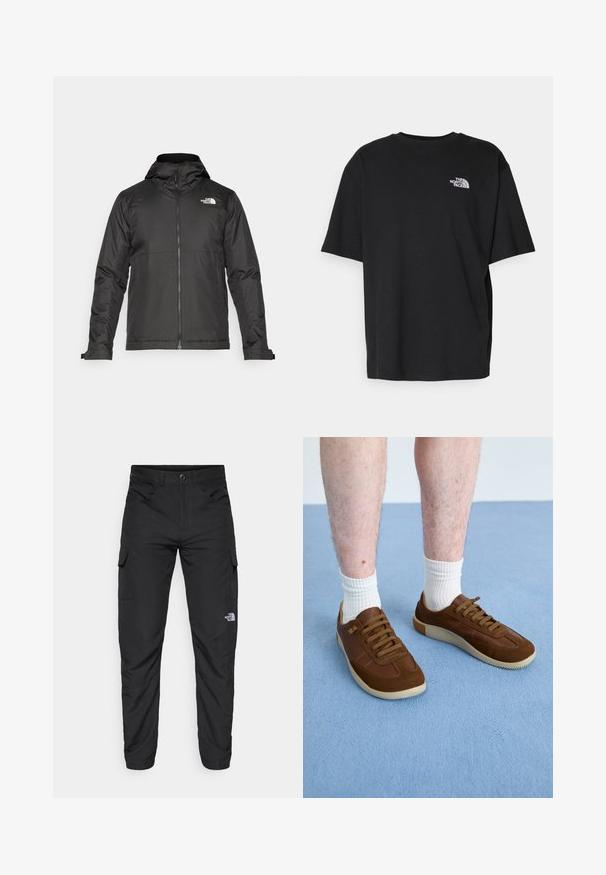 Veste zippée noire avec capuche, en tissu lisse. Présente un logo sur la poitrine et des poignets ajustables pour un ajustement parfait.; T-shirt en coton noir avec un col rond et des manches courtes. Présente un logo blanc sur la poitrine gauche. Coupe simple et décontractée.; The North Face HORIZON PANT - Pantalons outdoor - black; Baskets marron en daim et en cuir, dotées d'une semelle en caoutchouc, d'une forme arrondie et de six œillets avec des lacets marron assortis.