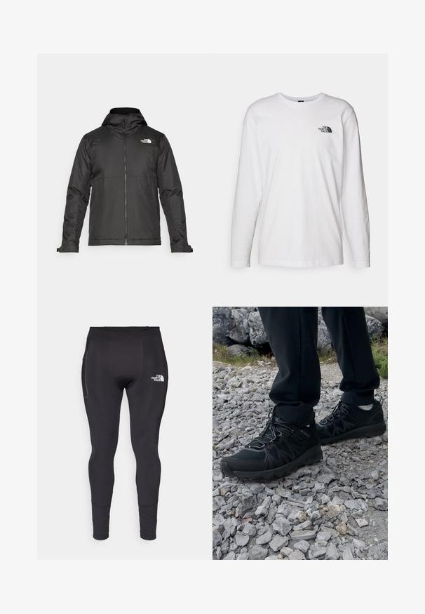 Černá zipová bunda s kapucí, vyrobená z hladké tkaniny. Obsahuje logo na hrudi a nastavitelné manžety pro pohodlné nošení.; Bílý dlouhý rukáv tričko vyrobené z bavlny s kulatým výstřihem. Na hrudi se nachází malé černé logo. Hladká textura, běžný střih.; Černé sportovní legíny vyrobené z pružného materiálu s těsným střihem. Obsahují boční kapsu a reflexní logo poblíž pasu.; Černé venkovní boty z prodyšného a syntetického materiálu, s texturovaným svrškem, bezpečným šněrovacím systémem a robustní podrážkou, na skalnatém terénu.