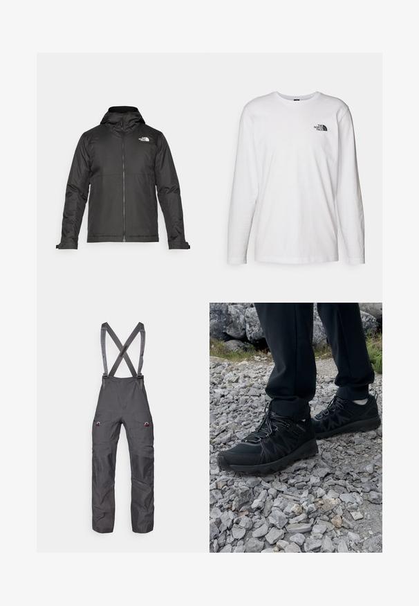 Černá zipová bunda s kapucí, vyrobená z hladké tkaniny. Obsahuje logo na hrudi a nastavitelné manžety pro pohodlné nošení.; Bílý dlouhý rukáv tričko vyrobené z bavlny s kulatým výstřihem. Na hrudi se nachází malé černé logo. Hladká textura, běžný střih.; Šedé zateplené kombinézy s nastavitelnými kšandy, více kapsami a vyztuženými koleny, se hladkým a odolným textilním povrchem.; Černé venkovní boty z prodyšného a syntetického materiálu, s texturovaným svrškem, bezpečným šněrovacím systémem a robustní podrážkou, na skalnatém terénu.