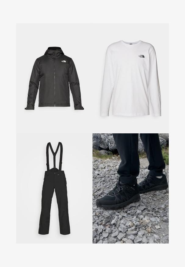 Černá zipová bunda s kapucí, vyrobená z hladké tkaniny. Obsahuje logo na hrudi a nastavitelné manžety pro pohodlné nošení.; Bílý dlouhý rukáv tričko vyrobené z bavlny s kulatým výstřihem. Na hrudi se nachází malé černé logo. Hladká textura, běžný střih.; Černé vysoce výkonné sněhové kalhoty s nastavitelnými kšandy, předními zipovými kapsami a hladkou, odolnou texturou.; Černé venkovní boty z prodyšného a syntetického materiálu, s texturovaným svrškem, bezpečným šněrovacím systémem a robustní podrážkou, na skalnatém terénu.