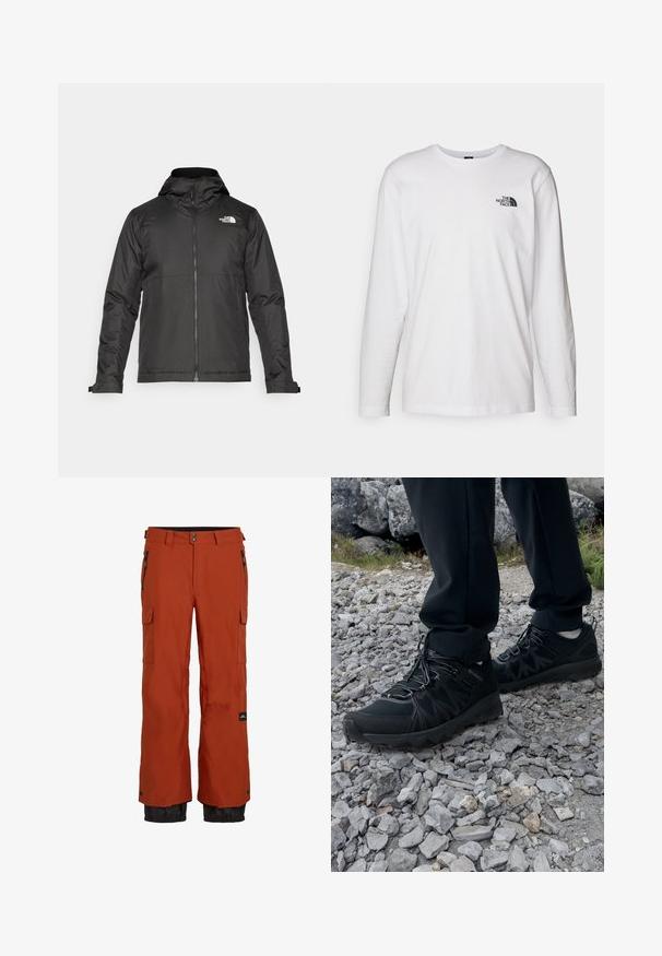 Zwarte zip-up jas met een capuchon, gemaakt van gladde stof. Heeft een logo op de borst en verstelbare manchetten voor een comfortabele pasvorm.; Witte lange mouwen T-shirt gemaakt van katoen met een ronde hals. Beschikt over een klein zwart logo op de borst. Soepele textuur, normale pasvorm.; Roest-oranje waterdichte skibroek van geïsoleerde stof, met twee zijzakken met rits, een cargozak en zwarte elastische boorden bij de enkels.; Zwarte buitenschoenen van mesh en synthetisch materiaal, met een gestructureerd bovenwerk, een beveiligd vetersysteem en een robuuste zool, op een ruig terrein.