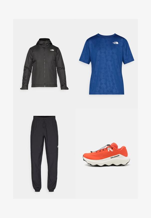 Casaco preto com fecho éclair e capuz, feito de tecido suave. Apresenta um logotipo no peito e punhos ajustáveis para um encaixe perfeito.; Camisa azul de manga curta com um padrão geométrico texturizado e um logótipo branco no canto superior esquerdo. Feita de um material leve e respirável.; Calças atléticas pretas feitas de tecido leve, com um cós ajustável por cordão, bolsos laterais e punhos afunilados nos tornozelos.; Sapatos de corrida em trilhos laranja com parte superior em malha, entressola branca, sola preta texturizada e atacadores elásticos ajustáveis. Marca na lateral.