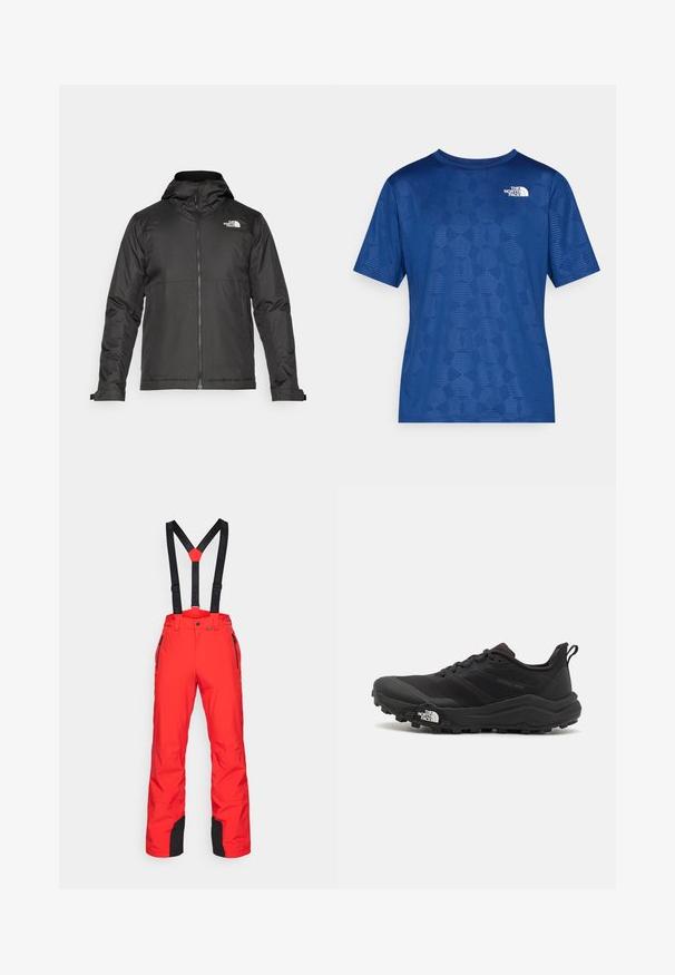 Fekete zipzáras dzseki, kapucnival, sima anyagból készült. A mellkasán logóval és állítható mandzsettákkal rendelkezik a kényelmes illeszkedés érdekében.; Kék, rövid ujjú ing, textúrált geometrikus mintával és fehér logóval a bal felső részen. Könnyű, lélegző anyagból készült.; Piros sínadrág állítható fekete felfüggesztőkkel, elülső és hátsó cipzáras zsebekkel, valamint fekete alsó lábrész kiegészítőkkel, tartós, sima anyagból készült.; Fekete terepfutó cipő, textúrált felső résszel, gumitalppal és megerősített lábujjrészével. Párnázott bokarésszel és húzófüllel rendelkezik a könnyű felhúzáshoz.