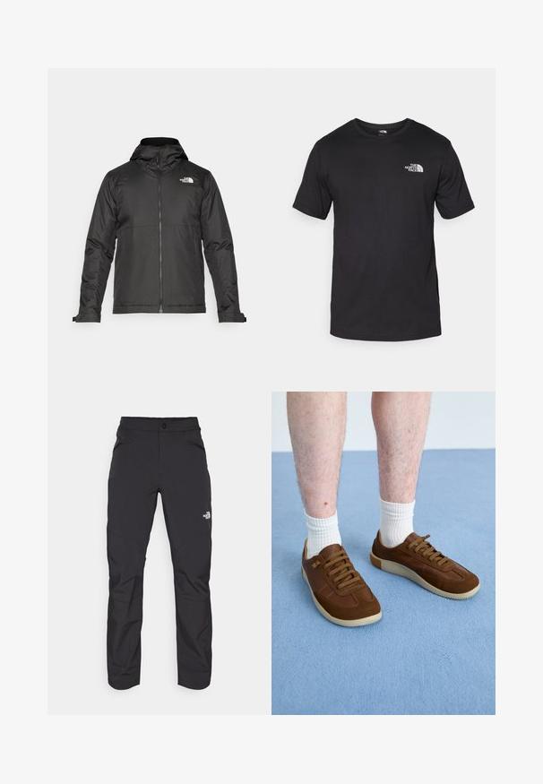 Musthave musta kapuutsiga fliisjakk, mis on valmistatud siledast kangast. Uhkeldab rindkere kohal oleva logoga ning reguleeritavate mansettidega, et tagada mugav ja tihe istuvus.; Must have lühikeste varrukatega must T-särk, mis on valmistatud puuvillast, ümmarguse kaelusega ja väikese valge logoga vasakus ülanurgas.; Mustad mustad püksid, millel on lukuga eesmine tasku, sünteetilisest materjalist, kitsenevad jalad ja tugevdatud põlvepaneelid. Omab nööbiga sulgemist.; Pruunid sneakerid, mis on valmistatud nahast ja suede'ist, omavad kummist tallat, ümarat kuju ning kuut augukest koos vastava pruuni paelae.